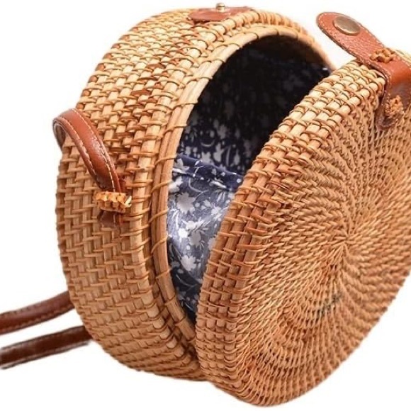 Ratton Straw Round Basket Crossbody Purse Snap Closure - Picture 5 of 10